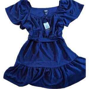 DKNY Dress Womens Size 16 Navy Blue Puff Sleeve Tie-Front Belted Mini